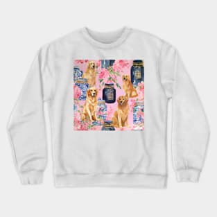 Golden Retrievers, cherry blossom and chinoiserie jars seamless pattern Crewneck Sweatshirt